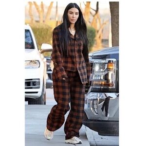 SKIMS Fleece Plaid Top & Pant Sleep Set Brown Black Jasper Buffalo Check Large